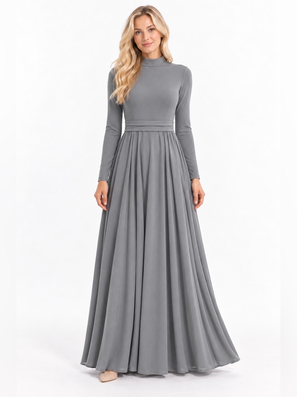 HALARA Long Sleeve High-Neck Maxi Dress in Gray NWOT
